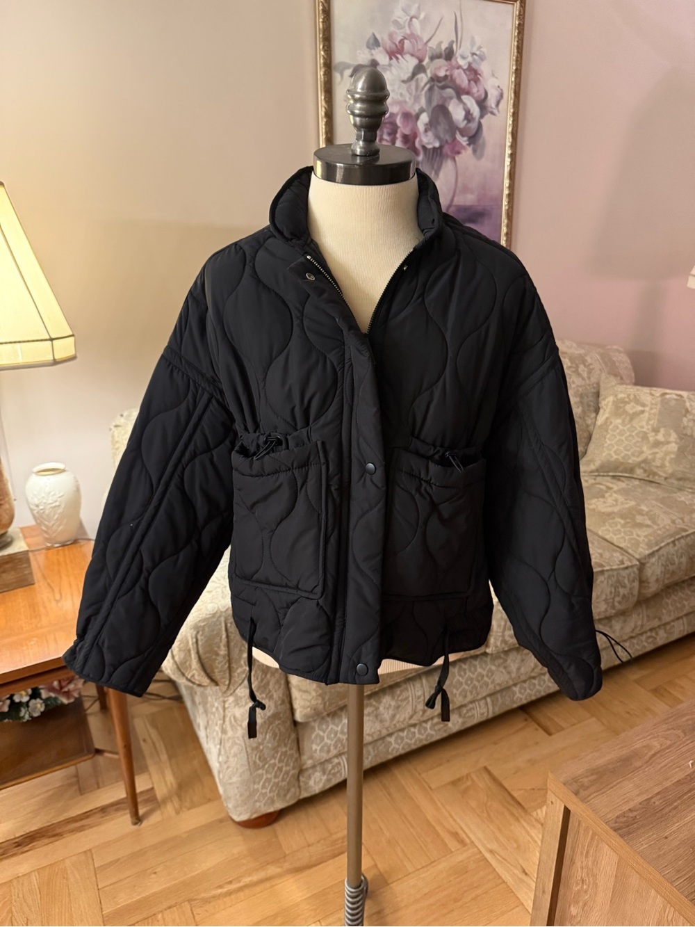 Zara Black Quilted Drawstring Puffer Jacket